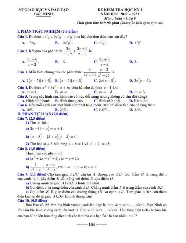 Đề kiểm tra cuối học kì 1 (HK1) lớp 8 môn Toán năm 2022 2023 sở GD ĐT Bắc Ninh