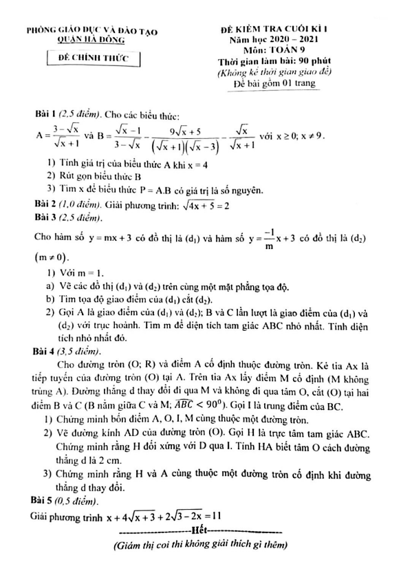 Đề kiểm tra cuối học kì 1 (HK1) lớp 9 môn Toán năm 2020 2021 phòng GD ĐT Hà Đông Hà Nội