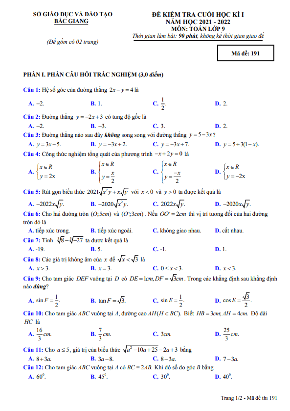 Đề kiểm tra cuối học kì 1 (HK1) lớp 9 môn Toán năm 2021 2022 sở GD ĐT Bắc Giang