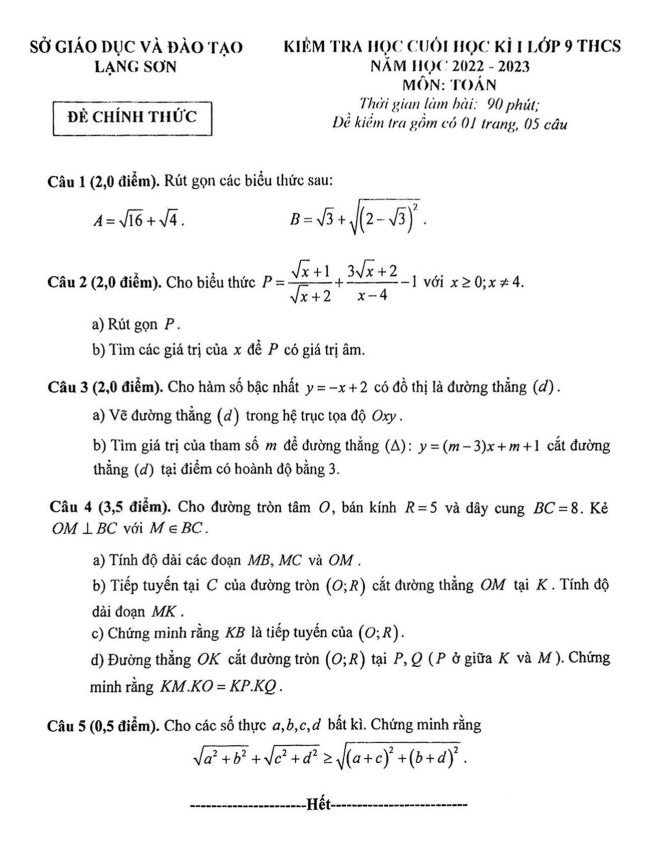 Đề kiểm tra cuối học kì 1 (HK1) lớp 9 môn Toán năm 2022 2023 sở GD ĐT Lạng Sơn