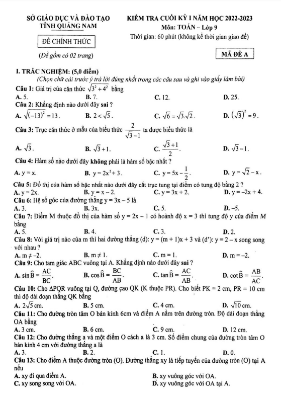 Đề kiểm tra cuối học kì 1 (HK1) lớp 9 môn Toán năm 2022 2023 sở GD ĐT Quảng Nam