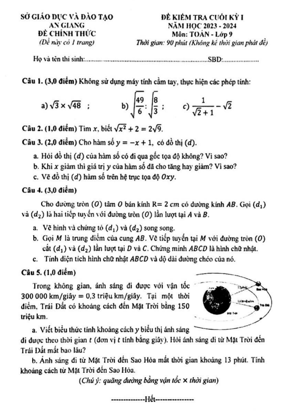 Đề kiểm tra cuối học kì 1 (HK1) lớp 9 môn Toán năm 2023 2024 sở GD ĐT An Giang