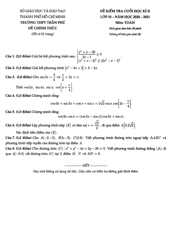 Đề kiểm tra cuối học kì 2 (HK2) lớp 10 môn Toán năm 2020 2021 trường THPT Trần Phú TP HCM
