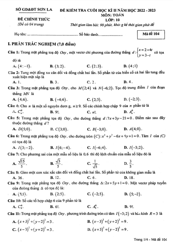 Đề kiểm tra cuối học kì 2 (HK2) lớp 10 môn Toán năm 2022 2023 sở GD ĐT Sơn La