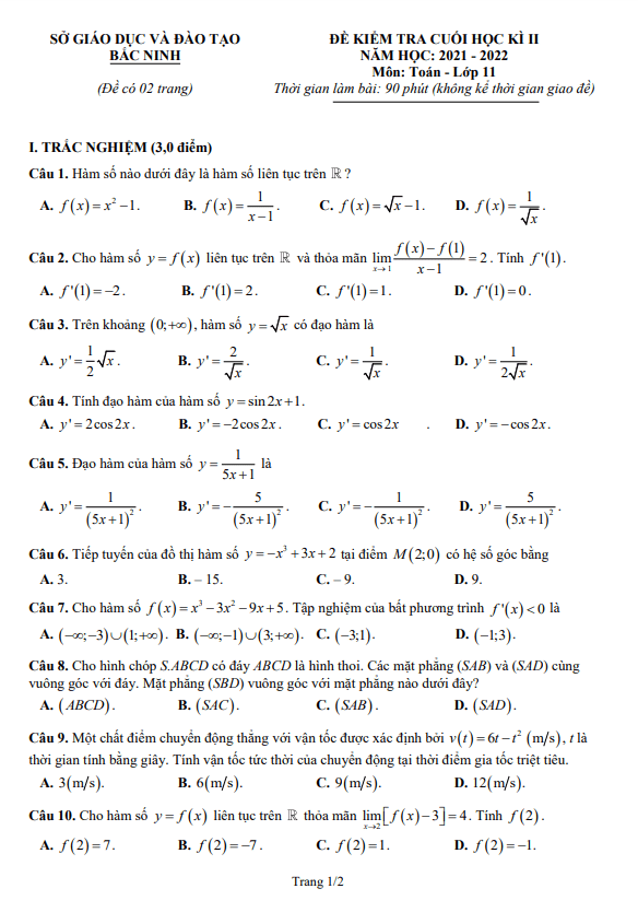 Đề kiểm tra cuối học kì 2 (HK2) lớp 11 môn Toán năm 2021 2022 sở GD ĐT Bắc Ninh
