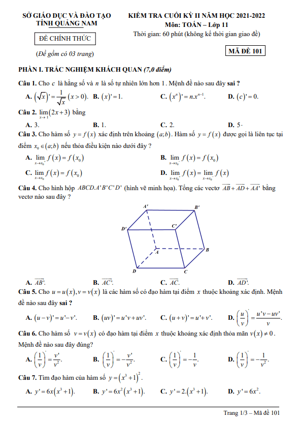 Đề kiểm tra cuối học kì 2 (HK2) lớp 11 môn Toán năm 2021 2022 sở GD ĐT Quảng Nam