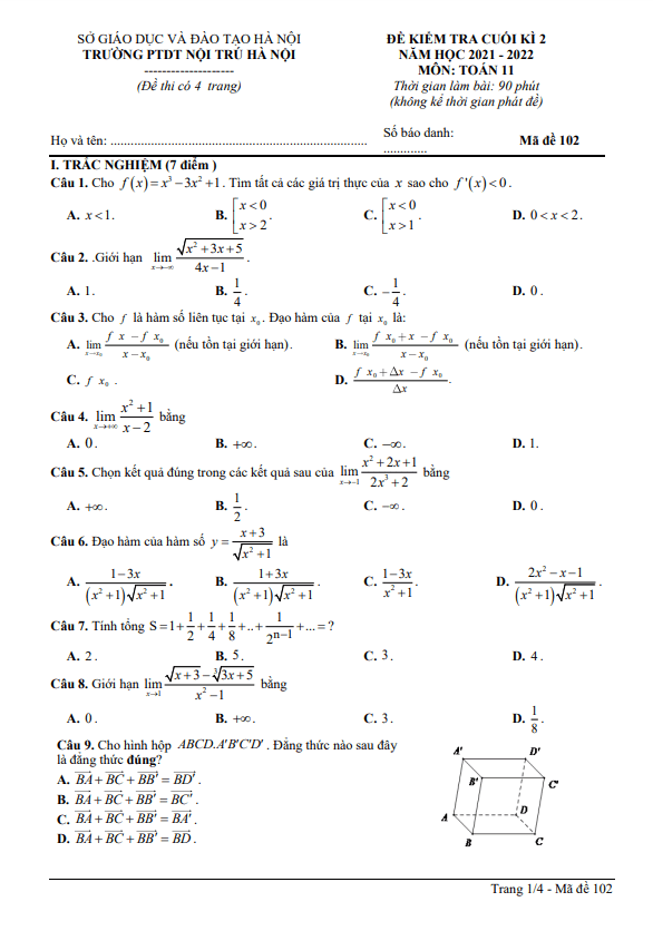 Đề kiểm tra cuối học kì 2 (HK2) lớp 11 môn Toán năm 2021 2022 trường PTDT Nội Trú Hà Nội