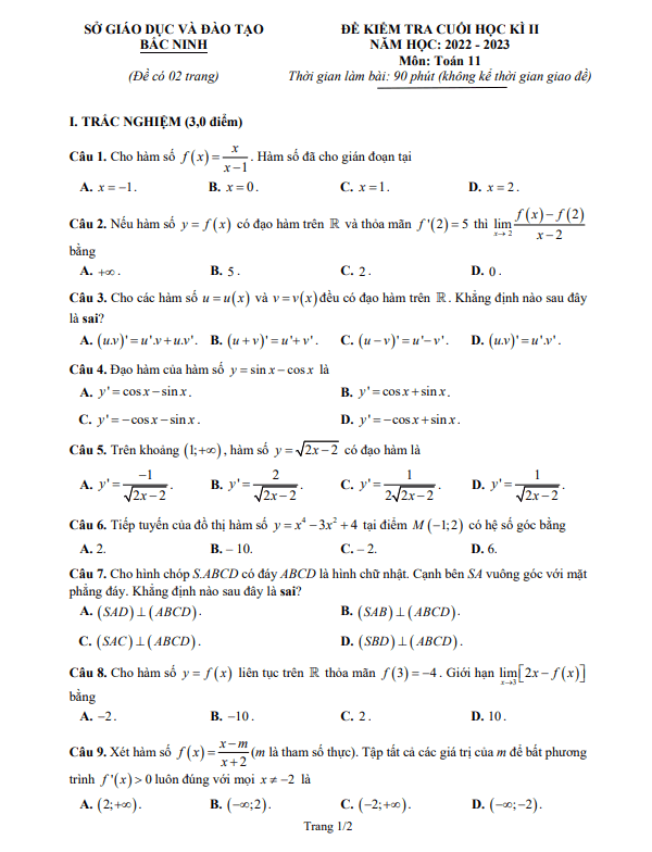 Đề kiểm tra cuối học kì 2 (HK2) lớp 11 môn Toán năm 2022 2023 sở GD ĐT Bắc Ninh