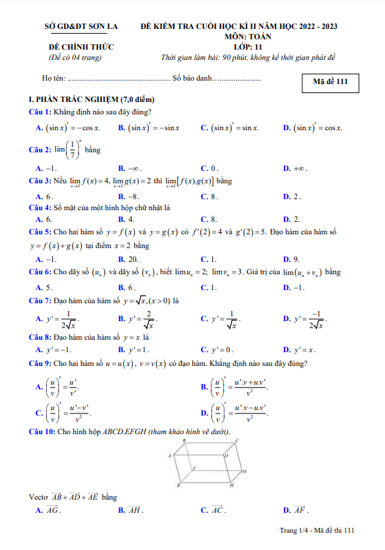 Đề kiểm tra cuối học kì 2 (HK2) lớp 11 môn Toán năm 2022 2023 sở GD ĐT Sơn La