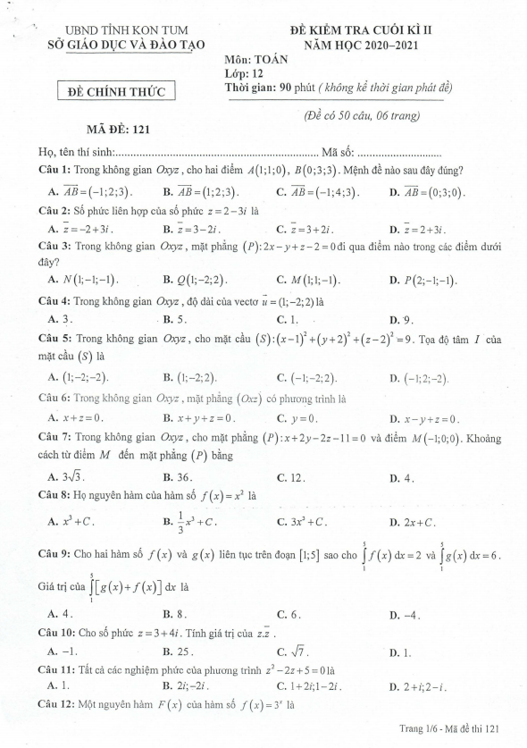 Đề kiểm tra cuối học kì 2 (HK2) lớp 12 môn Toán năm 2020 2021 sở GD ĐT tỉnh Kon Tum
