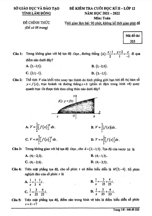 Đề kiểm tra cuối học kì 2 (HK2) lớp 12 môn Toán năm 2021 2022 sở GD ĐT Lâm Đồng
