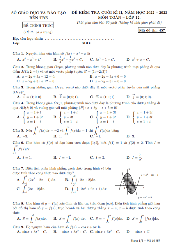 Đề kiểm tra cuối học kì 2 (HK2) lớp 12 môn Toán năm 2022 2023 sở GD ĐT Bến Tre