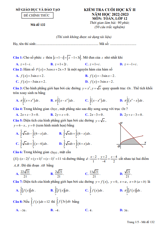 Đề kiểm tra cuối học kì 2 (HK2) lớp 12 môn Toán năm 2022 2023 sở GD ĐT Bình Dương