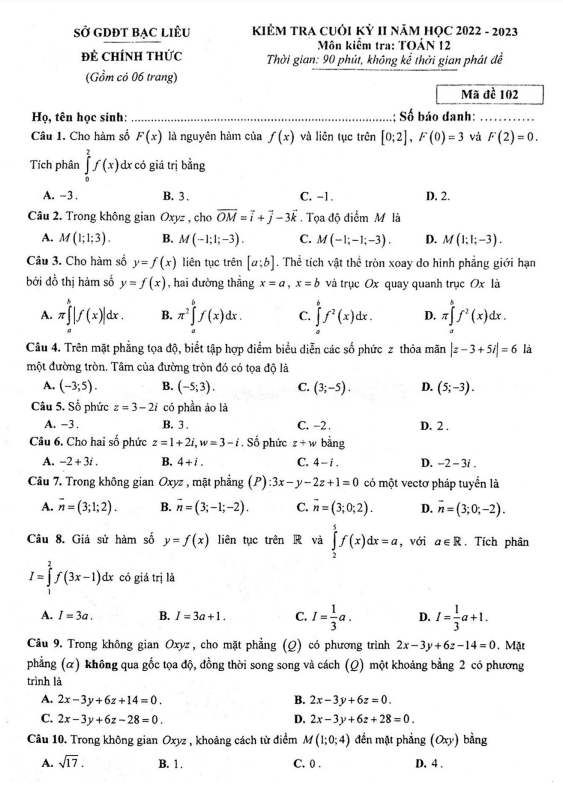 Đề kiểm tra cuối học kì 2 (HK2) lớp 12 môn Toán năm 2022 2023 sở GDKHCN Bạc Liêu