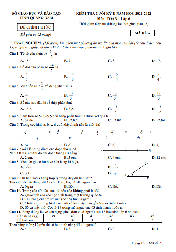 Đề kiểm tra cuối học kì 2 (HK2) lớp 6 môn Toán năm 2021 2022 sở GD ĐT Quảng Nam