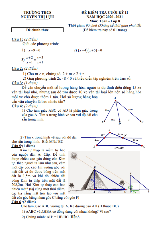 Đề kiểm tra cuối học kì 2 (HK2) lớp 8 môn Toán năm 2020 2021 trường THCS Nguyễn Thị Lựu Đồng Tháp