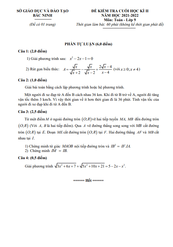 Đề kiểm tra cuối học kì 2 (HK2) lớp 9 môn Toán năm 2021 2022 sở GD ĐT Bắc Ninh