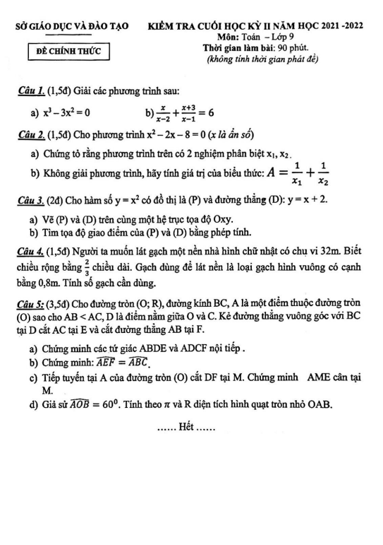 Đề kiểm tra cuối học kì 2 (HK2) lớp 9 môn Toán năm 2021 2022 sở GD ĐT Bình Dương