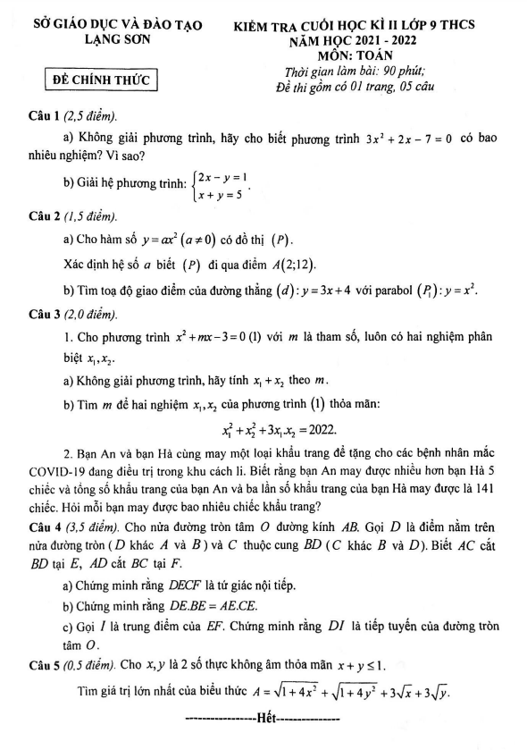 Đề kiểm tra cuối học kì 2 (HK2) lớp 9 môn Toán năm 2021 2022 sở GD ĐT Lạng Sơn