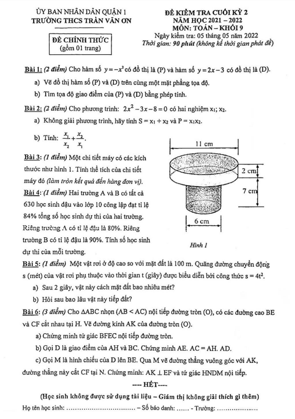 Đề kiểm tra cuối học kì 2 (HK2) lớp 9 môn Toán năm 2021 2022 trường THCS Trần Văn Ơn TP HCM