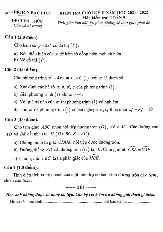 Đề kiểm tra cuối học kì 2 (HK2) lớp 9 môn Toán năm học 2021 2022 sở GDKHCN Bạc Liêu