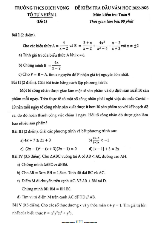 Đề kiểm tra đầu năm lớp 9 môn Toán năm 2022 2023 trường THCS Dịch Vọng Hà Nội