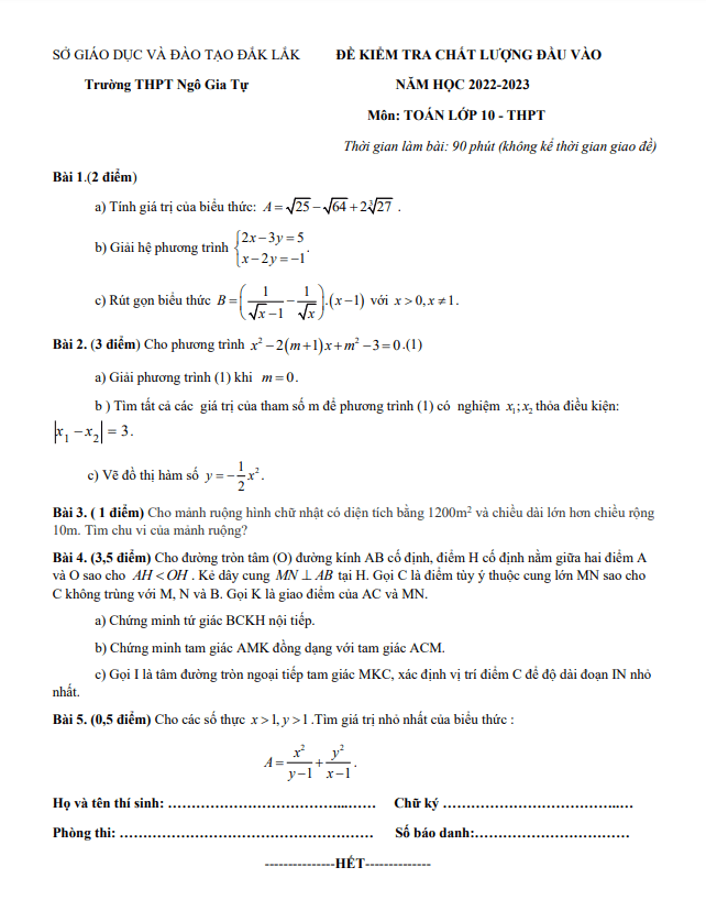 Đề kiểm tra đầu vào lớp 10 môn Toán năm 2022 2023 trường THPT Ngô Gia Tự Đắk Lắk