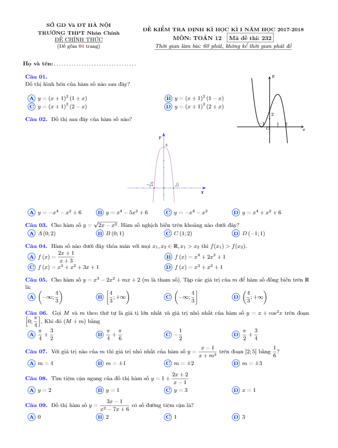Đề kiểm tra định kì học kì I năm học 2017-2018 lớp 12 môn Toán trường THPT Nhân Chính Hà Nội