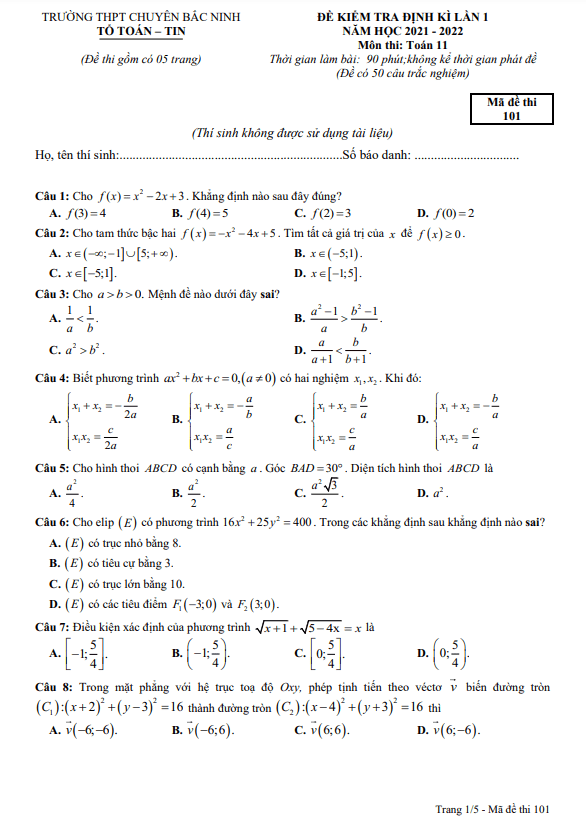 Đề kiểm tra định kì lần 1 lớp 11 môn Toán năm 2021 2022 trường THPT chuyên Bắc Ninh