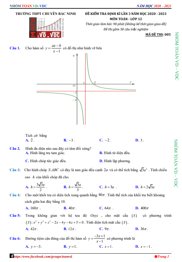 Đề kiểm tra định kì lớp 12 môn Toán lần 3 năm 2020 2021 trường chuyên Bắc Ninh