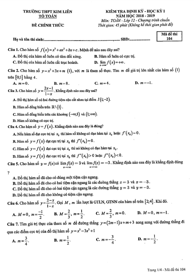 Đề kiểm tra định kỳ học kì 1 (HK1) lớp 12 môn Toán năm học 2018 2019 trường THPT Kim Liên Hà Nội