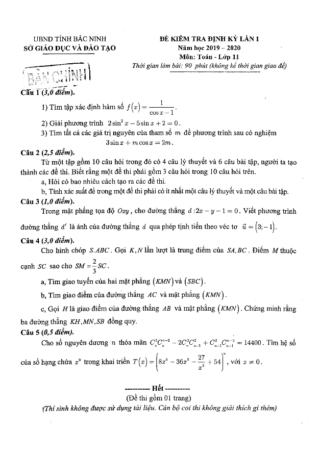 Đề kiểm tra định kỳ lần 1 lớp 11 môn Toán năm 2019 2020 sở GD ĐT Bắc Ninh