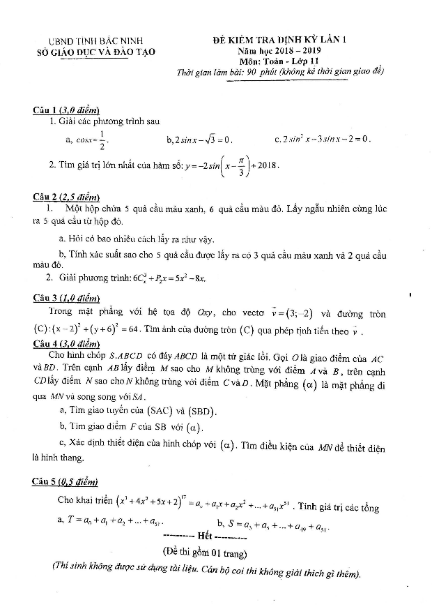 Đề kiểm tra định kỳ lớp 11 môn Toán lần 1 năm 2018 2019 sở GD và ĐT Bắc Ninh