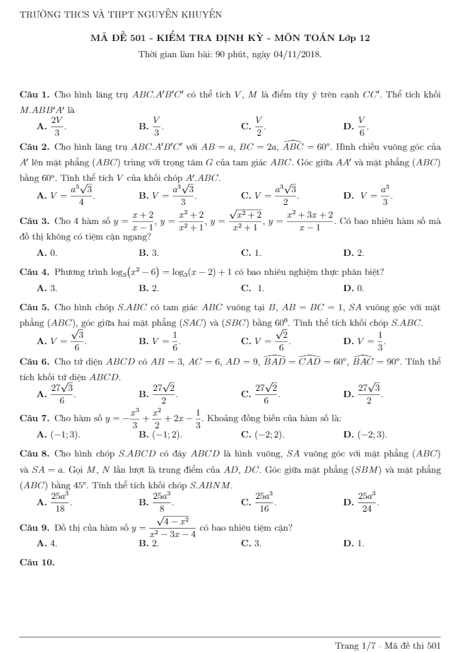 Đề kiểm tra định kỳ lớp 12 môn Toán năm 2018 2019 trường Nguyễn Khuyến TP. HCM lần 5