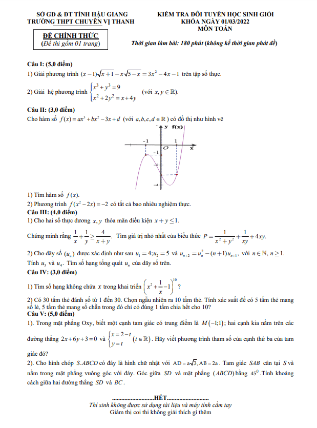 Đề kiểm tra đội tuyển HSG Toán năm 2021 2022 trường chuyên Vị Thanh Hậu Giang