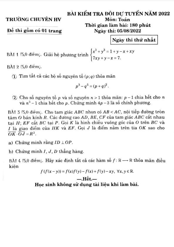 Đề kiểm tra đội tuyển Toán năm 2022 trường chuyên Hùng Vương Bình Dương