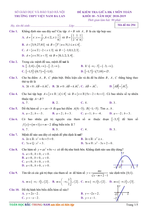 Đề kiểm tra giữa HKI lớp 10 môn Toán năm 2018 2019 trường THPT Việt Nam Ba Lan Hà Nội