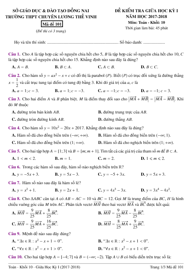 Đề kiểm tra giữa HKI năm học 2017 2018 lớp 10 môn Toán trường THPT chuyên Lương Thế Vinh Đồng Nai