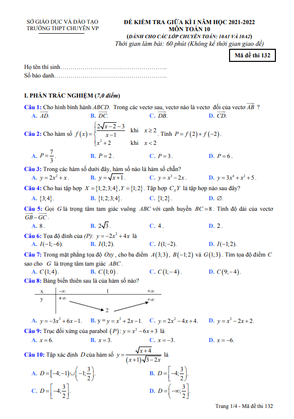 Đề kiểm tra giữa học kì 1 (HK1) lớp 10 môn Toán (chuyên) năm 2021 2022 trường THPT chuyên Vĩnh Phúc