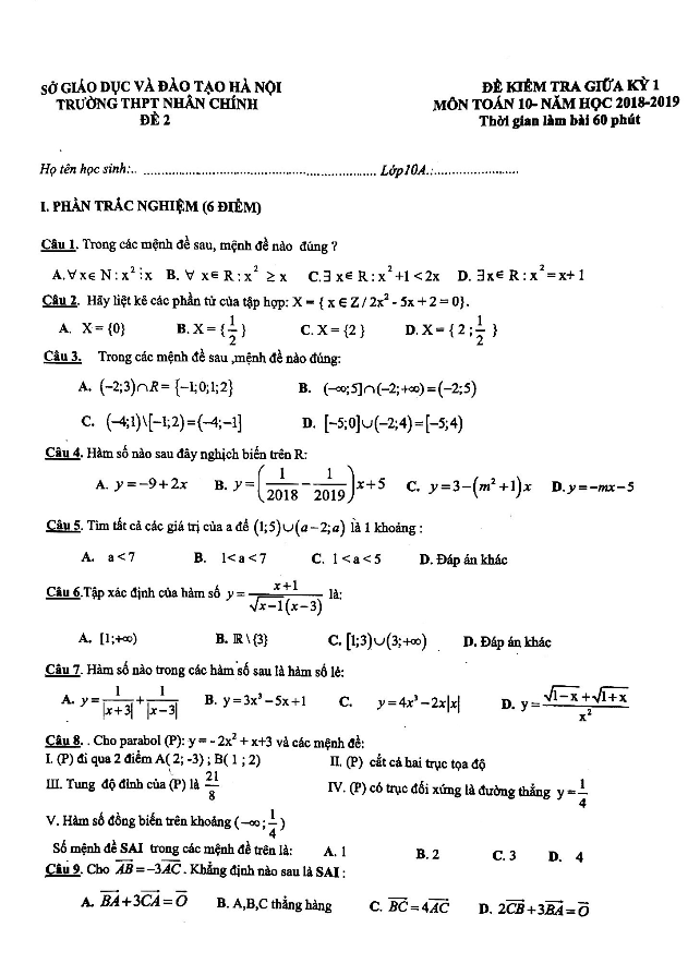 Đề kiểm tra giữa học kì 1 (HK1) lớp 10 môn Toán năm 2018 2019 trường THPT Nhân Chính Hà Nội