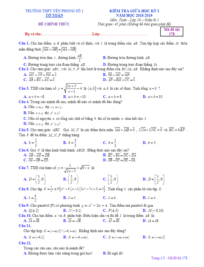 Đề kiểm tra giữa học kì 1 (HK1) lớp 10 môn Toán năm 2018 2019 trường Yên Phong 1 Bắc Ninh