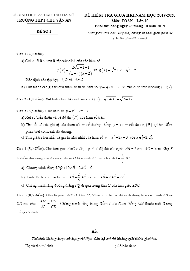 Đề kiểm tra giữa học kì 1 (HK1) lớp 10 môn Toán năm 2019 2020 trường Chu Văn An Hà Nội