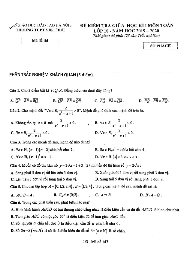 Đề kiểm tra giữa học kì 1 (HK1) lớp 10 môn Toán năm 2019 2020 trường THPT Việt Đức Hà Nội