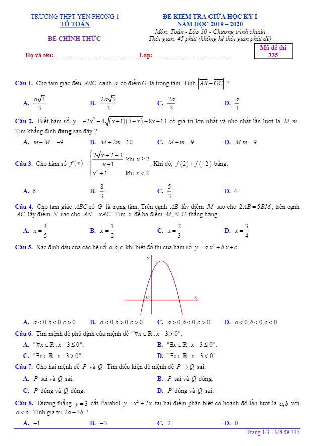 Đề kiểm tra giữa học kì 1 (HK1) lớp 10 môn Toán năm 2019 2020 trường Yên Phong 1 Bắc Ninh