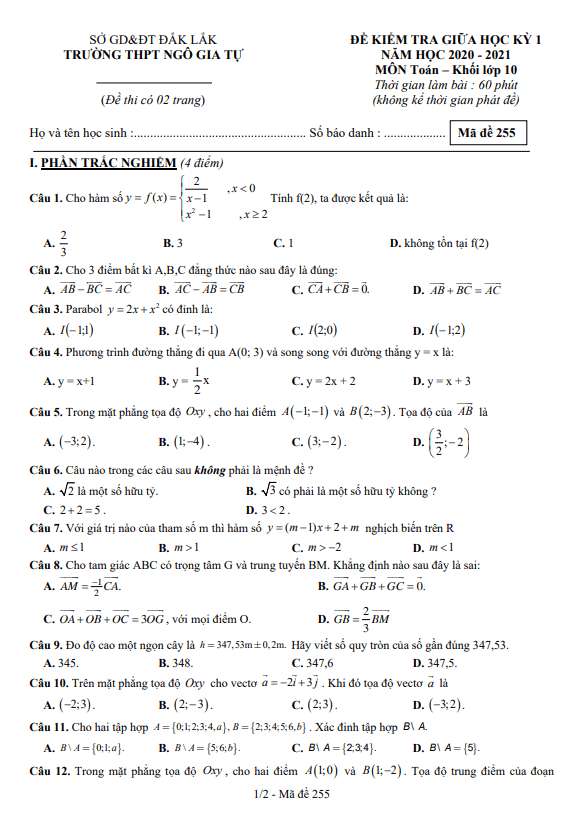 Đề kiểm tra giữa học kì 1 (HK1) lớp 10 môn Toán năm 2020 2021 trường THPT Ngô Gia Tự Đắk Lắk