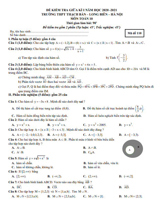 Đề kiểm tra giữa học kì 1 (HK1) lớp 10 môn Toán năm 2020 2021 trường THPT Thạch Bàn Hà Nội