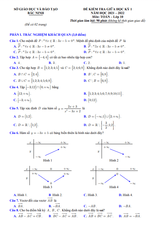 Đề kiểm tra giữa học kì 1 (HK1) lớp 10 môn Toán năm 2021 2022 sở GD ĐT Bắc Ninh