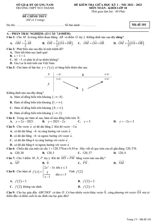 Đề kiểm tra giữa học kì 1 (HK1) lớp 10 môn Toán năm 2021 2022 trường THPT Núi Thành Quảng Nam