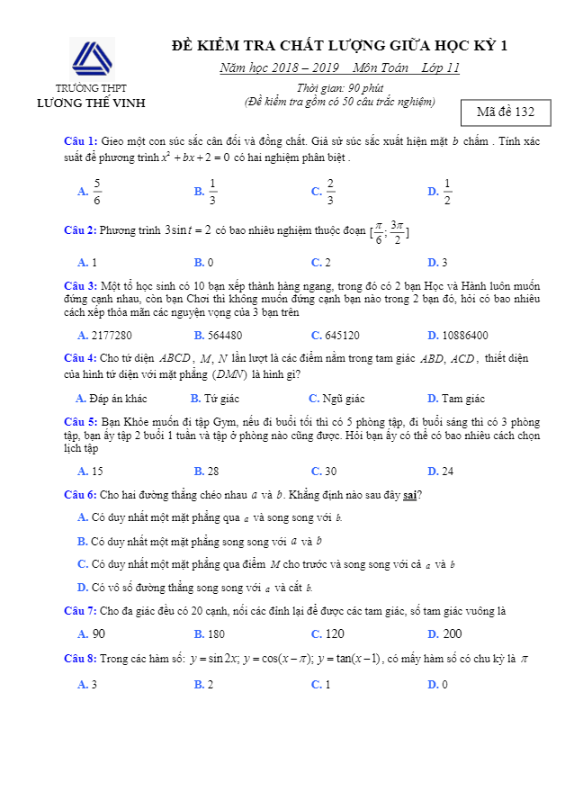 Đề kiểm tra giữa học kì 1 (HK1) lớp 11 môn Toán năm 2019 2020 trường Lương Thế Vinh Hà Nội