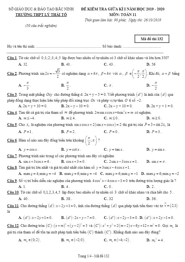 Đề kiểm tra giữa học kì 1 (HK1) lớp 11 môn Toán năm 2019 2020 trường Lý Thái Tổ Bắc Ninh